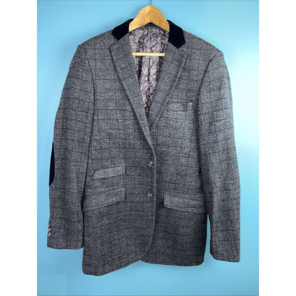 Alberto Cardinali 40 Long Wool Blend Blazer Black Gray Window Pane Elbow Patches